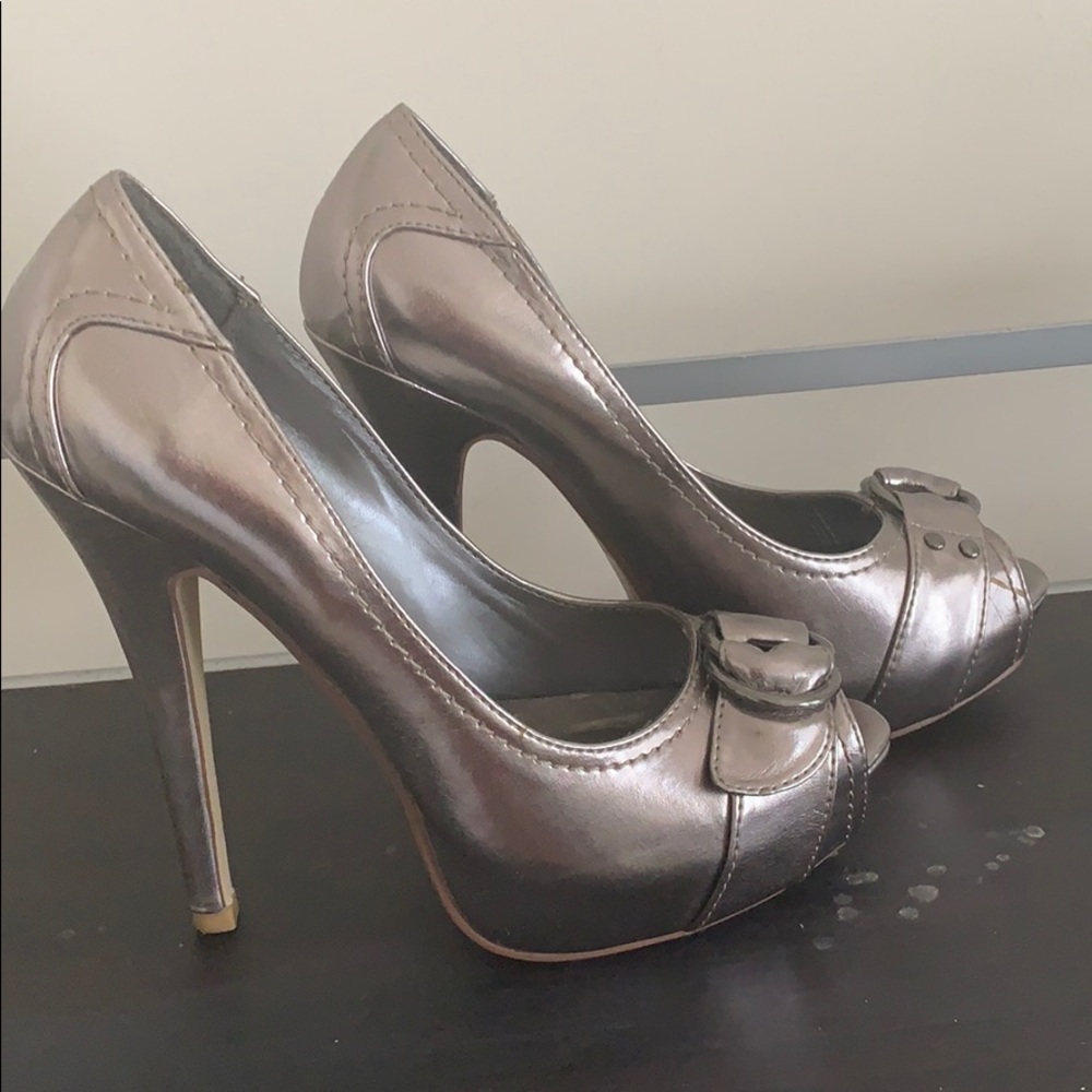 Silver peep toe heels